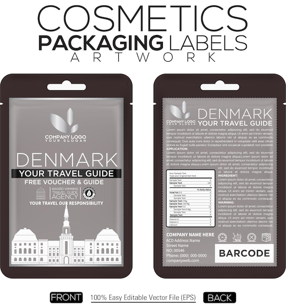 Vector cosmetics packaging labels artwork pouch design denmark travel gift