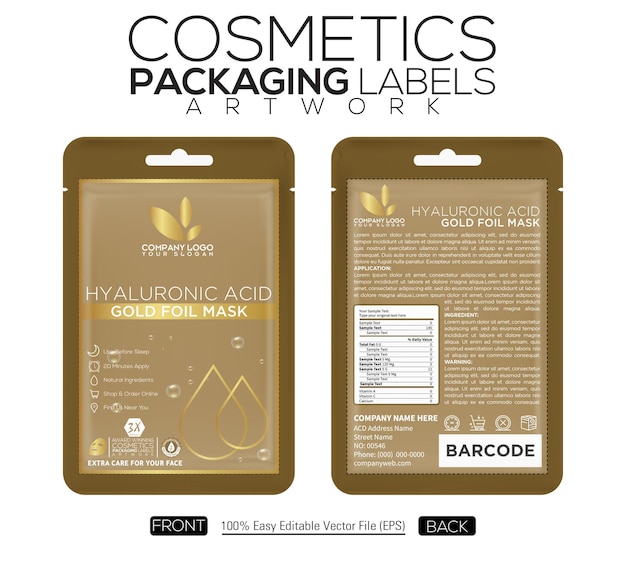 Vector cosmetics packaging labels artwork pouch design hyaloric acid