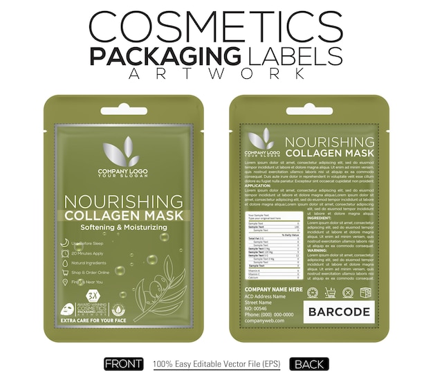 Vector cosmetics packaging labels artwork pouch design nourishing exfoliating mask