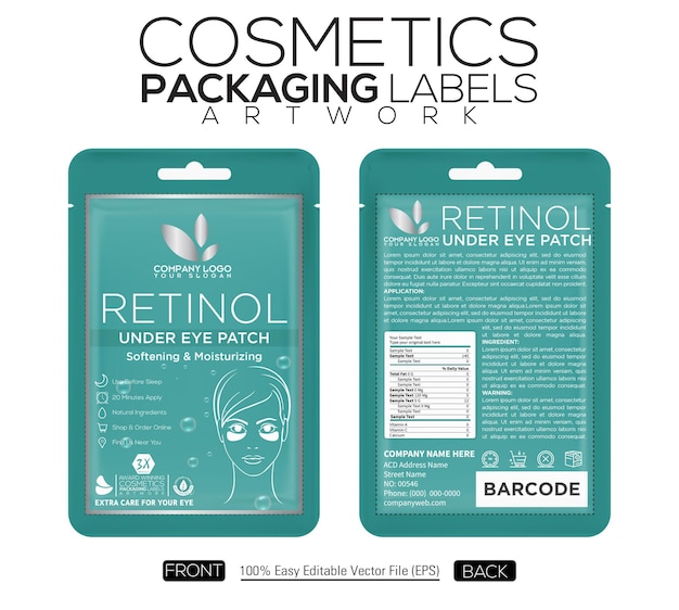 Vector cosmetics packaging labels artwork pouch design retinol under eye mask