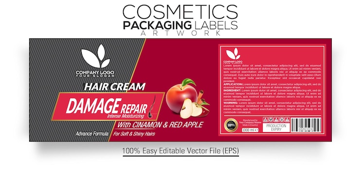 Vector cosmetics packaging labels hair cream damage repair with cinnamon and red apple