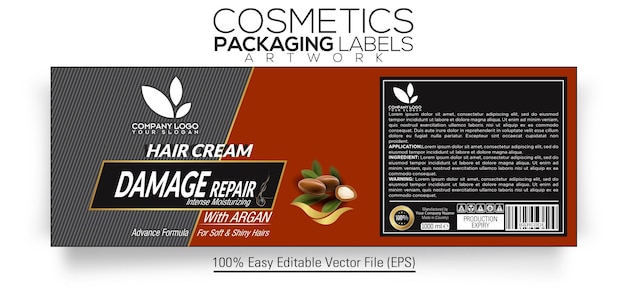 Cosmetici imballaggi etichette opere d'arte crema per capelli riparazione danni argan