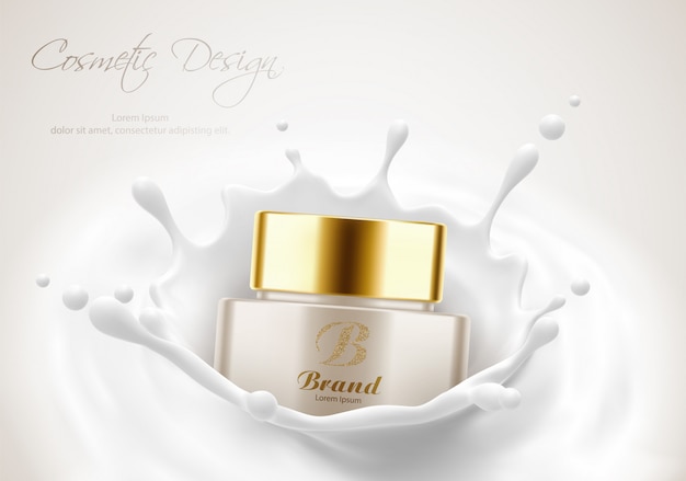 Modello del manifesto di pubblicità del prodotto cosmetico, barattolo crema per la pelle di bellezza nella spruzzata del latte. mockup del pacchetto. illustrazione realistica di vettore 3d