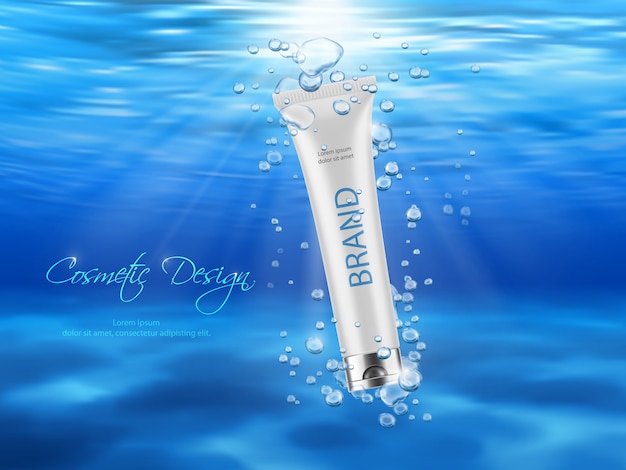 Cosmetics product advertising poster template. luxury cosmetic skin care tube underwater with bubbles.