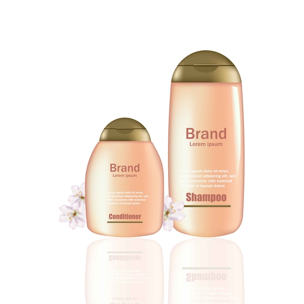 Prodotti cosmetici vector realistico mock up. bottiglie di shampoo e balsamo rosa con logo