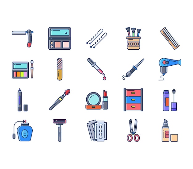 Cosmetics products and makeup icon set