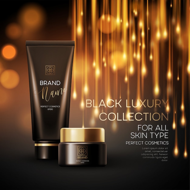 Cosmetics products with luxury collection composition on  blurred bokeh background. 