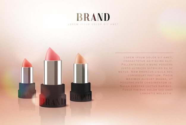 Cosmetici rossetto rosso. illustrazione 3d bellissimo poster pubblicitario.