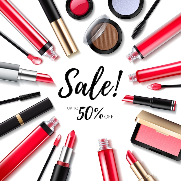 Cosmetics sale background with lips and eye products