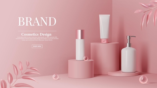 Cosmetics set ads with ball glass on pink cylinder podium stage and leaves in 3d