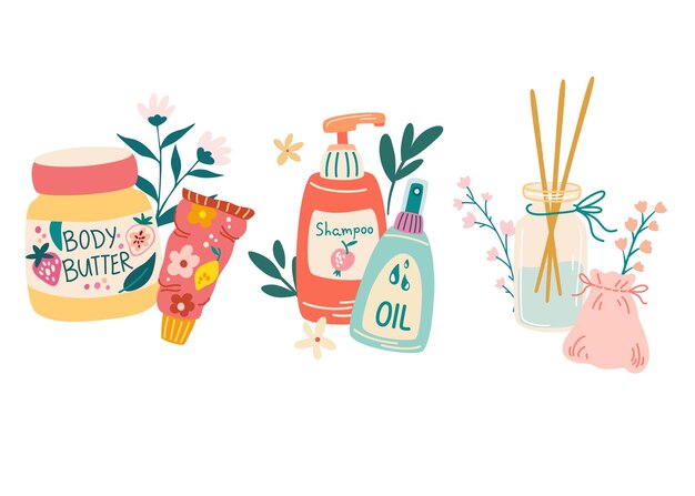 Cosmetics set organic cosmetics and tropical leaves selfcare items shampoo body cream oil and aromatherapy ingredients in cosmetics aids treatment vector cartoon illustration