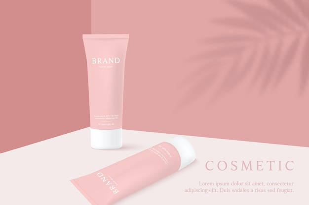 Cosmetics and skin care product ads template on pink background with shadow