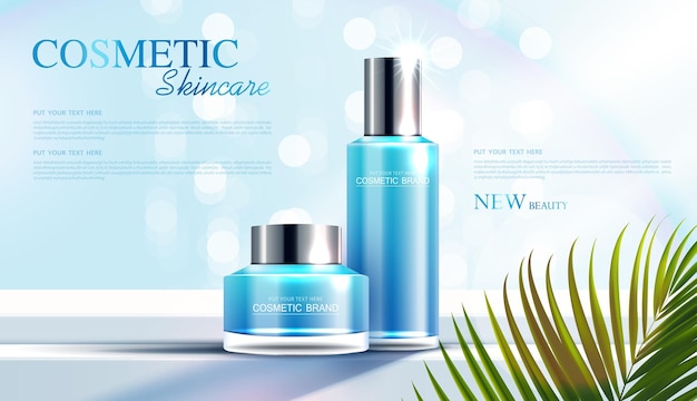 Vector cosmetics or skin care product ads with bottle banner ad for beauty products and leaf background