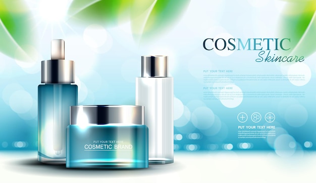 Cosmetics or skin care product ads with bottle banner ad for beauty products and leaf background