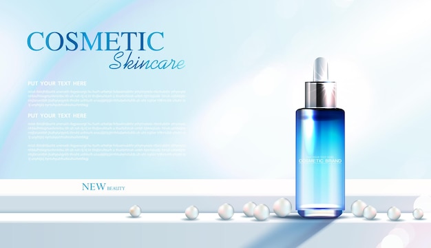 Cosmetics or skin care product ads with bottle banner ad for beauty products leaf and pearl