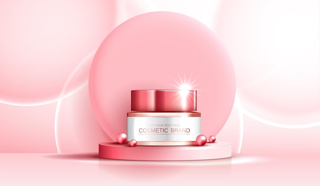 Vettore cosmetici spa o annunci di prodotti per la cura della pelle con bottiglia, banner pubblicitario per prodotti di bellezza, perla rosa e bolla su sfondo rosa effetto luce scintillante. disegno vettoriale.