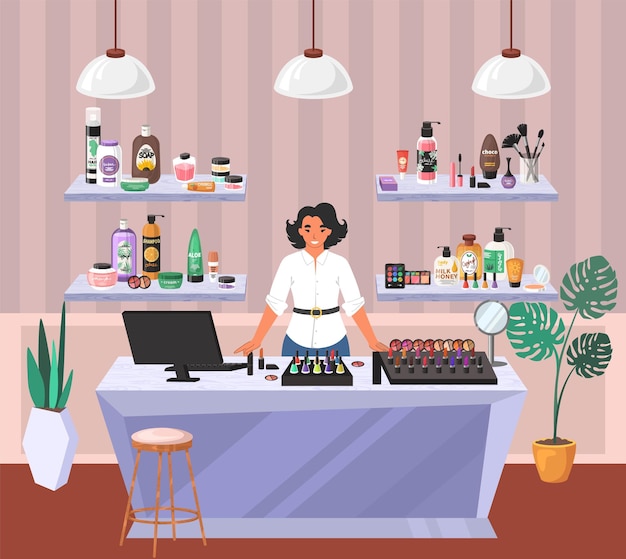 Cosmetics store shop assistant standing at counter flat vector illustration shelves with health and