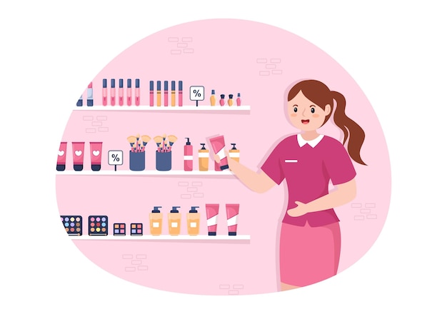 Cosmetics Store with Girl Skincare and Beauty Products Choice in in Flat Cartoon Illustration