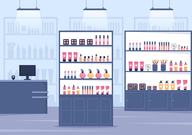 Cosmetics Store with Girl Skincare and Beauty Products Choice in in Flat Cartoon Illustration