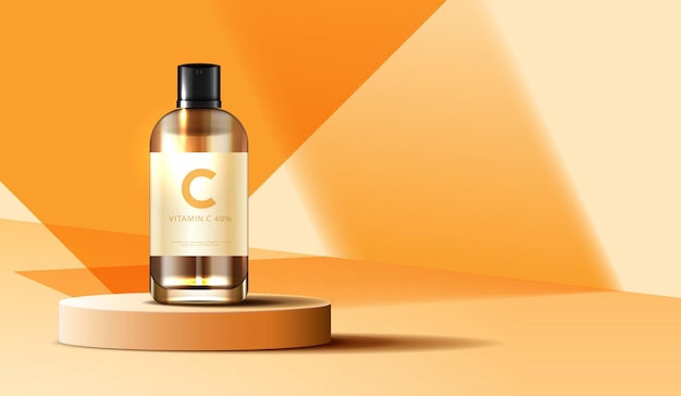 Vector cosmetics vitamin c or skin care product ads with bottle realistic package mockup banner ad for beauty products and orange background vector design