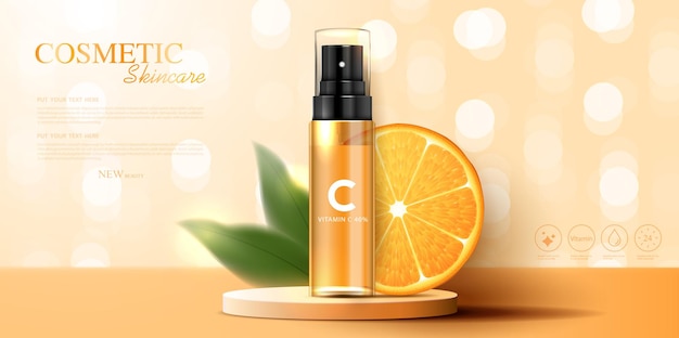 Cosmetics vitamin C or skin care product ads with bottle realistic package mockup banner ad for beauty products and orange background vector design