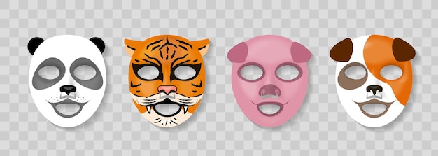 Cosmetisch dierengezichtsmasker Huidverzorgende katoenen maskers met grappige dierengezichten ontwerp panda en tijger varken en hond Realistische verschillende collageen meisjes schoonheidsproducten wildlife decor vector geïsoleerde set