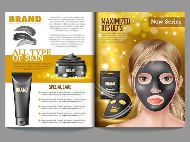 Cosmetisch tijdschrift, zwart masker, crème en scrub.