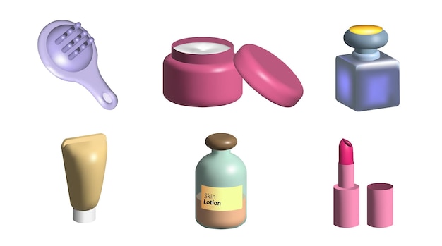 Cosmetische 3d icon set met lippenstift huid crème parfum 3d illustratie