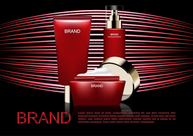 Cosmetische advertentiesjabloon, moisturizer set met abstracte rode neonlicht