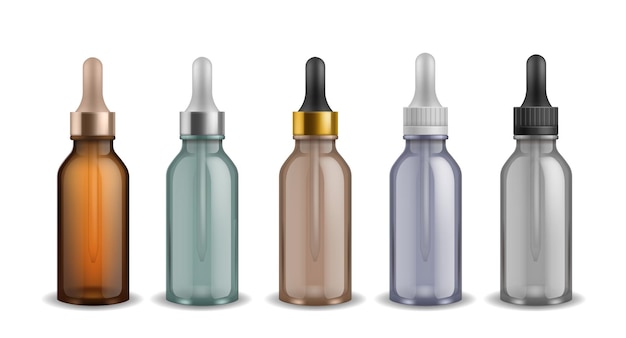 Cosmetische flacons Realistische glazen flessen met druppel 3D cilindrische container voor essentiële vloeistof en pipette Serumflakens set Vectorverpakkingen voor huidverzorgings- en geneesmiddelenproducten