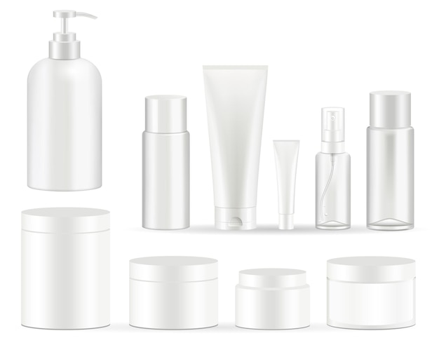 Cosmetische flessen verpakking set illustraties.