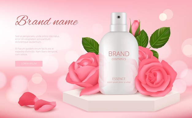 Cosmetische huid. Vrouw crème of parfumfles met roze roze bloemen en bloemblaadjes schoonheid romantische decoratie realistische sjabloon, cosmetische crème zorg banner