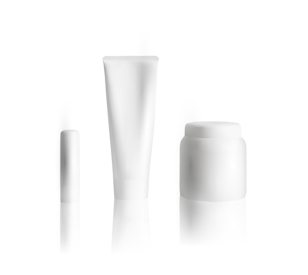 Cosmetische mock up op witte achtergrond. Lippenstift mockup, crème tube, cosmetische pot mockup. Vector illustratie.