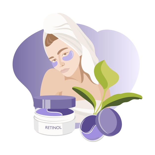 Vector cosmetische retinol. thuis schoonheidsprocedures, vrouw met retinol ooglapje en witte handdoek op haar hoofd.