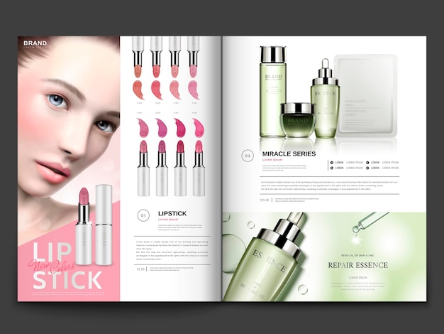 Vector cosmetische tijdschriftsjabloon, lippenstift en huidverzorgingsproducten met modelportret in 3d-illustratie, tijdschrift of catalogusbrochure