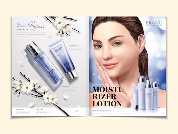 Vector cosmetische tijdschriftsjabloon, vochtinbrengende productset met elegant model in 3d illustratie, witte bloemen en glitterachtergrond