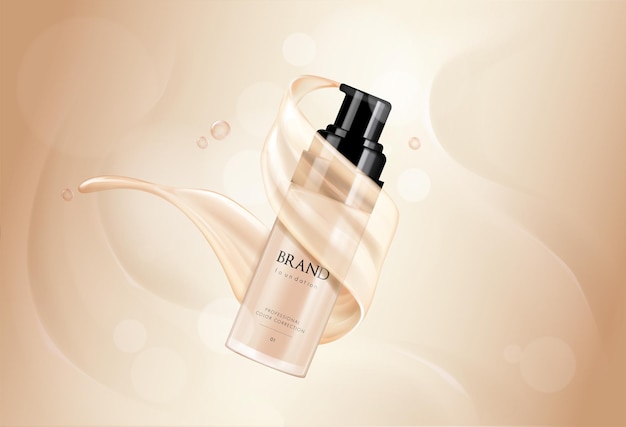 Cosmetische vector foundation premium productadvertenties voor promotie Make-up in fles met de textuur die op een zachte beige achtergrond stroomt