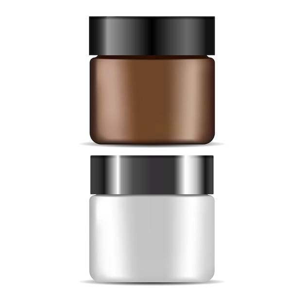 Cosmetische zalfpotje, bruin, wit plastic fles blanco. Cosmetische lotion container, gezichtsverzorging verpakking sjabloon. Leeg roomglas op witte achtergrond. Make-up poeder