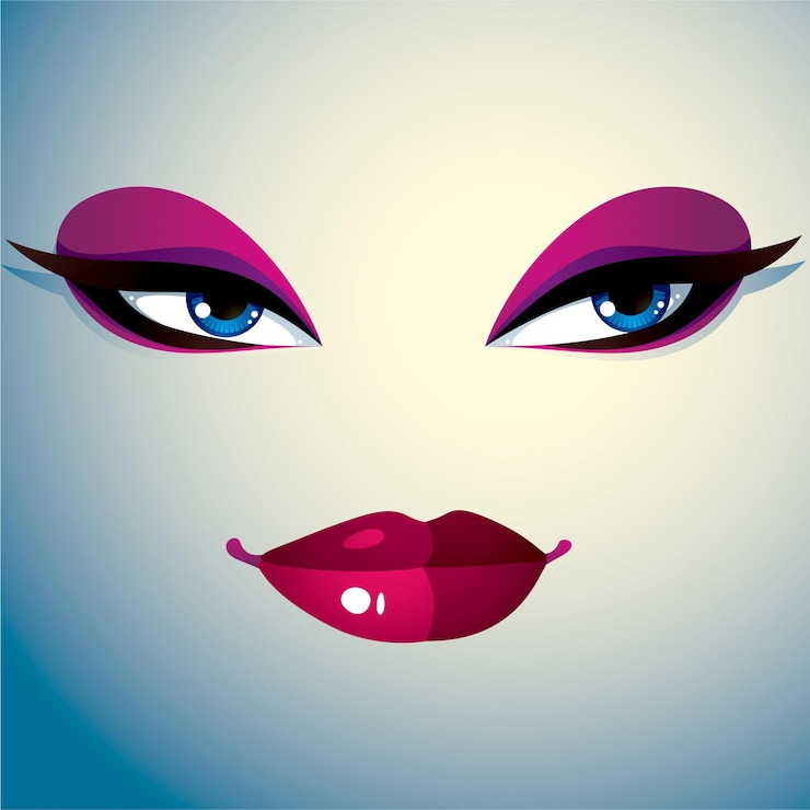 Vector cosmetologie thema afbeelding. jonge mooie dame. menselijke ogen en lippen die een gezichtsuitdrukking weerspiegelen, twijfel.