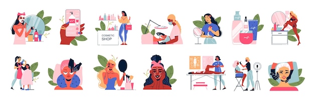Cosmetologie vrouw set vrouwelijke personages gezichten met toegepaste maskers en packs met cosmetische product iconen vector illustratie