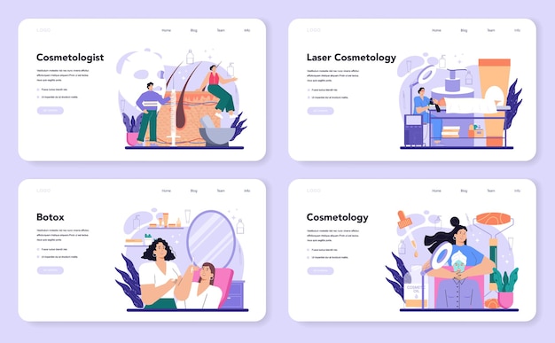 Cosmetologist web banner or landing page set. skin care and treatment procedure for problematic skin. botox and laser revitaliation cosmetology. isolated vector illustration