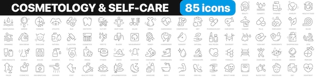 Cosmetology and selfcare line icons collection Skin care fitness beauty icons UI icon set Thin outline icons pack Vector illustration EPS10