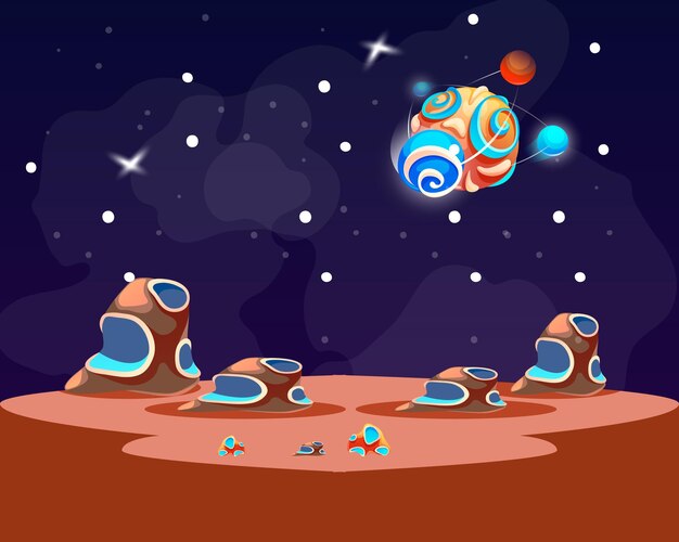 Vector cosmic background with undefined object in dark space alien planet deserted landscape with deep craters and stars shine in space extraterrestrial computer game backdrop with meteorite or comet