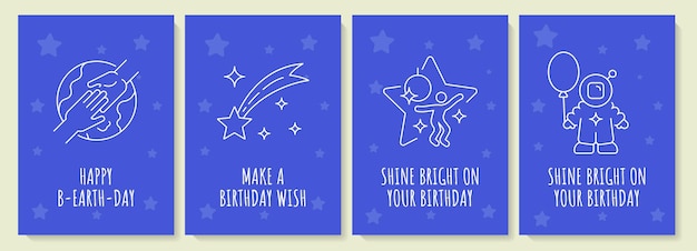 Cartolina di celebrazione di compleanno cosmica con set di icone glifo lineare. biglietto di auguri con disegno vettoriale decorativo. poster in stile semplice con illustrazione creativa di lineart. volantino con augurio di vacanza