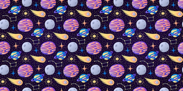 Космический детский рисунок на темном фоне летающая комета странные планеты луна звезды созвездия