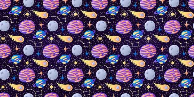 Vector cosmic childish pattern on dark background flying comet strange planets moon stars constellation