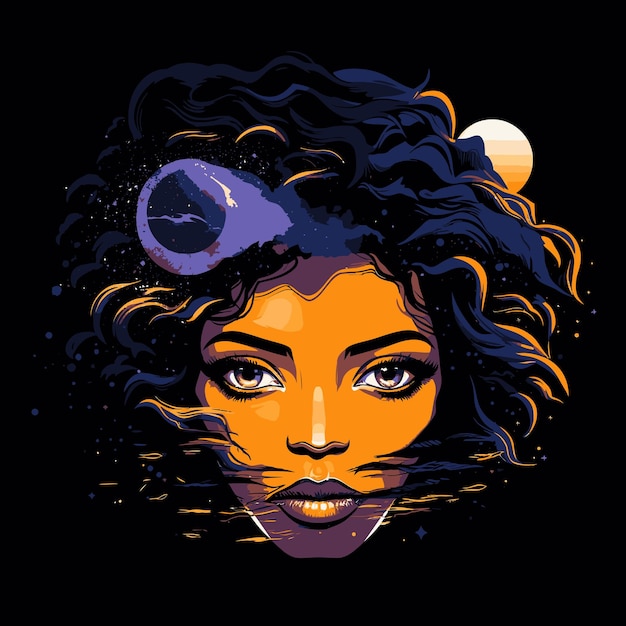Вектор Космическая элегантность завораживает чернокожую женщину в дикой красочной абстракции с уникальной и смелой графикой