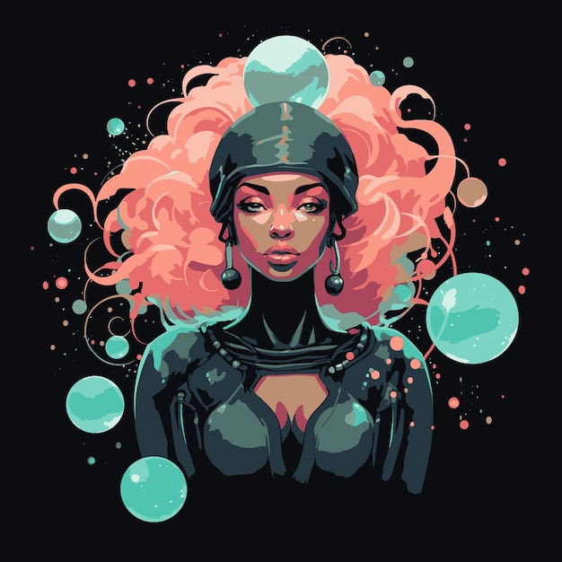 Vettore eleganza cosmica che affascina la donna nera in un'astrazione colorata e selvaggia con una grafica unica e audace