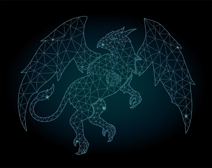 Vector cosmic low poly art with blue griffin silhouette
