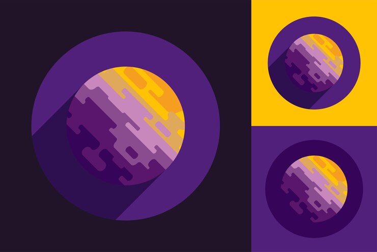 Vector cosmic planet logo in round form on violet black and yellow backgrounds